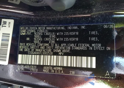 2020 Toyota Highlander Hybrid Xle z USA, uszkodzony, nr VIN 5TDGARAH7LS002530